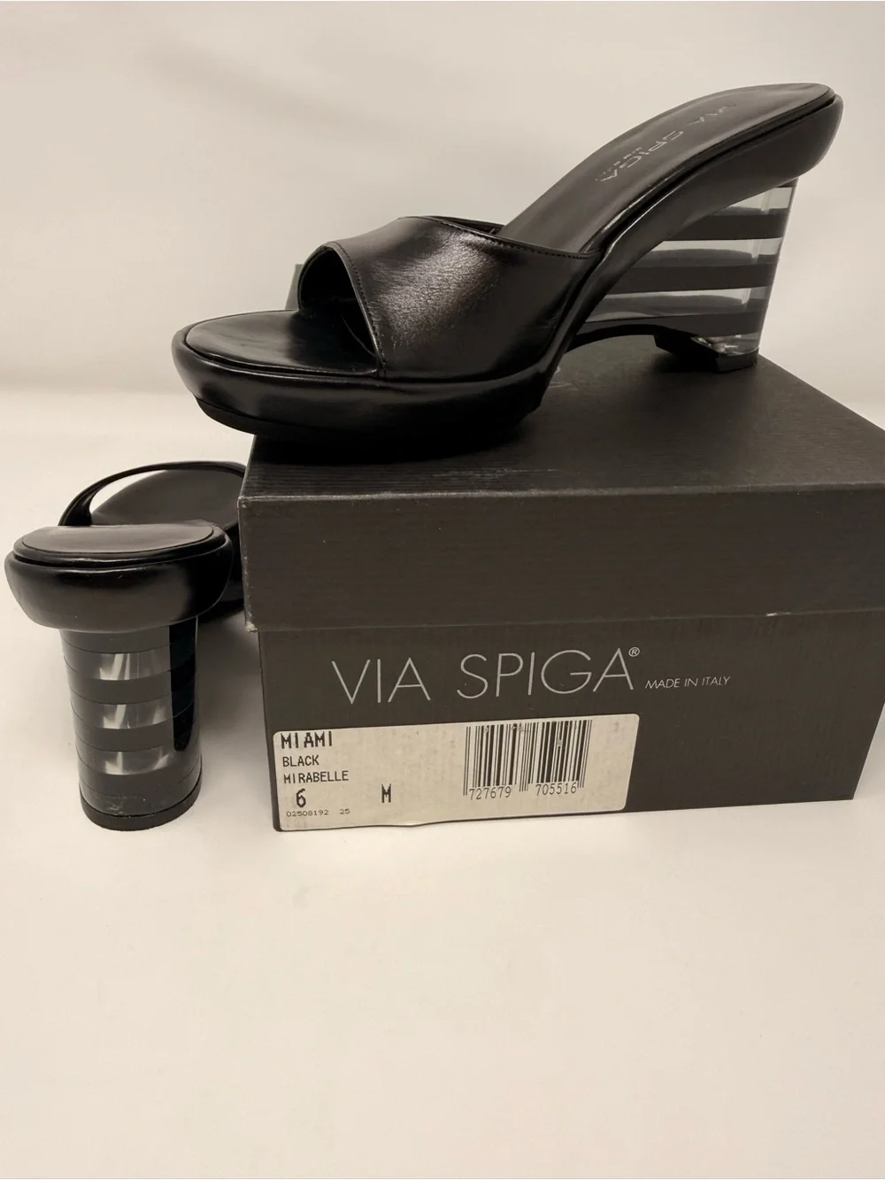 Via Spiga Black Leather Wedge Slide Sandals with Striped Heel
